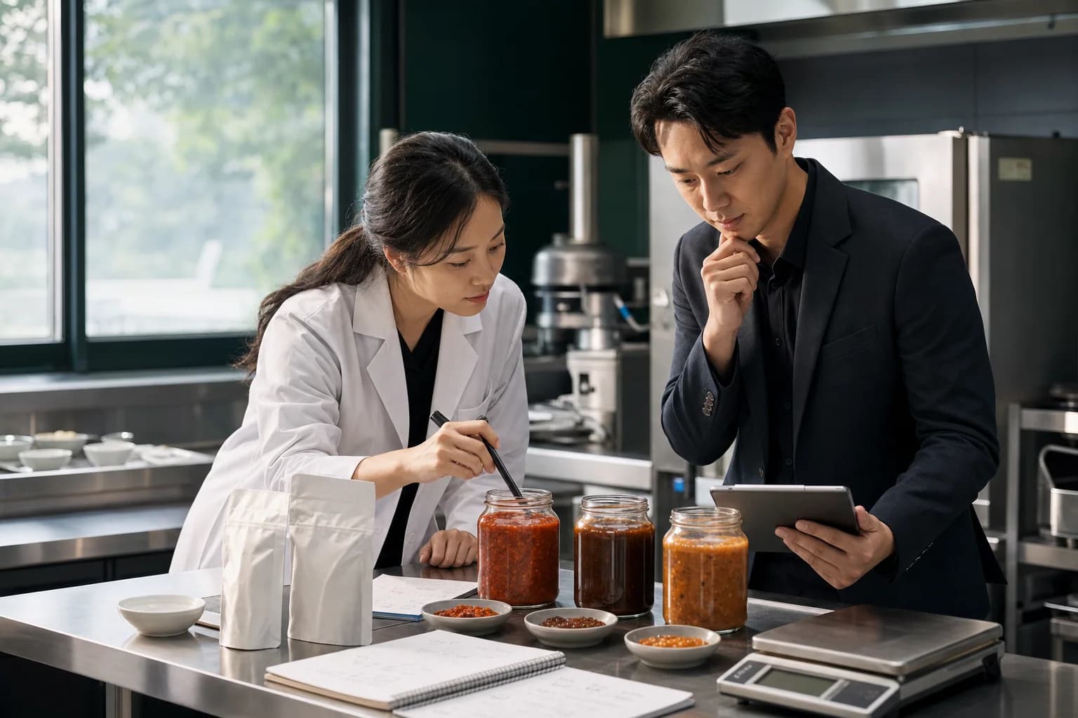 식품 샘플과 생산 조건을 함께 검토하는 상품 개발 현장